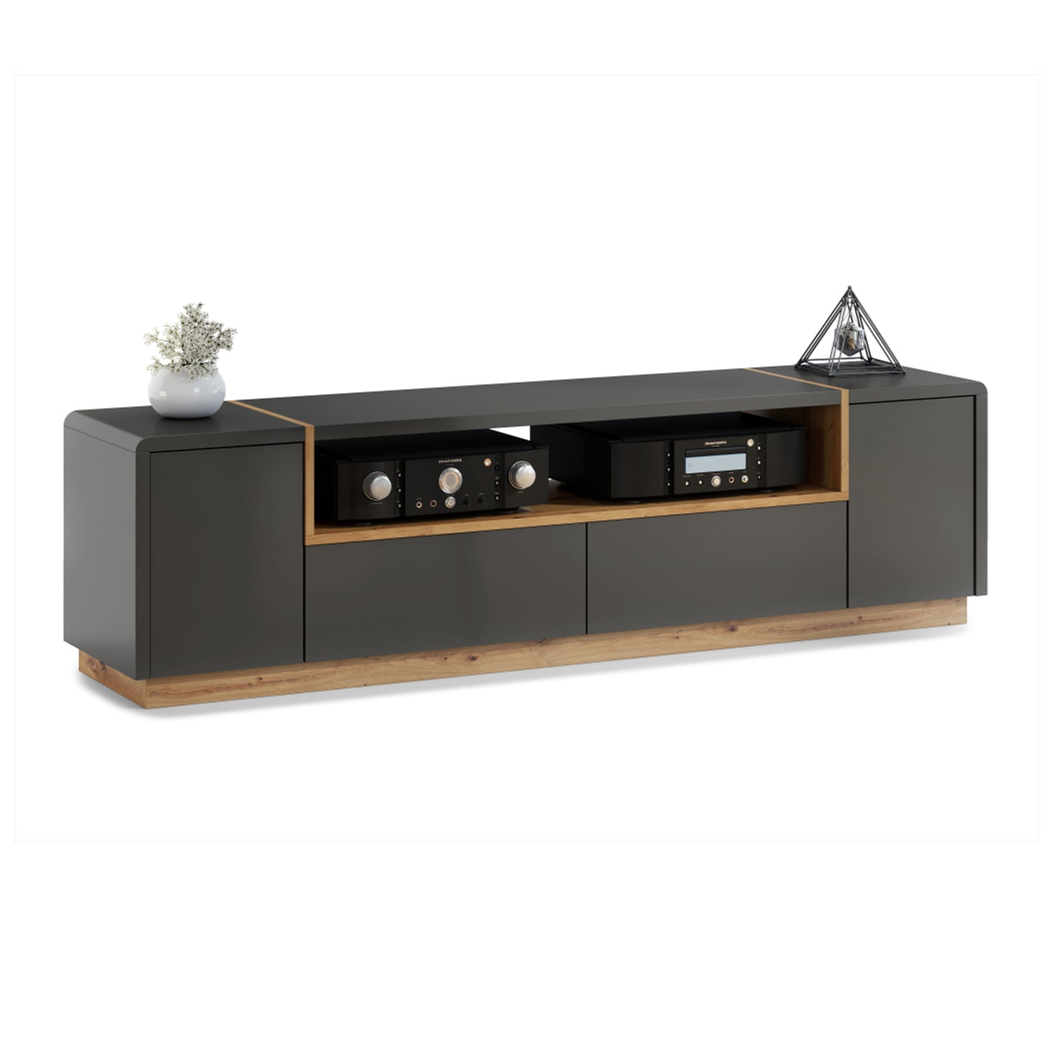 Folk Modern Loft Style Wide TV Cabinet with Open Shelf – Anthracite / Artisan Oak