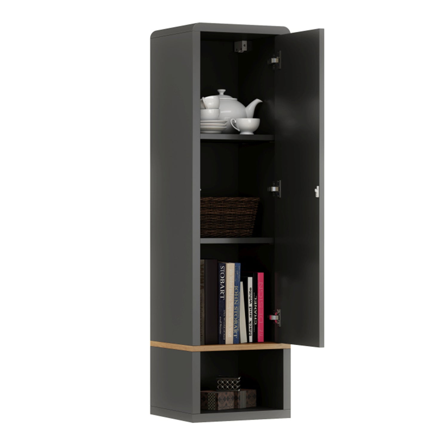 Folk Modern Loft Style Tall Wall Cabinet with Closed Door and Open Shelf – Anthracite / Artisan Oak