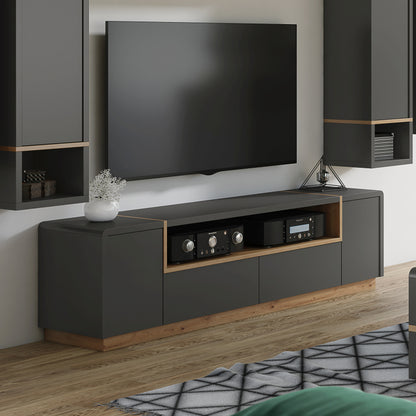 Folk Modern Loft Style Wide TV Cabinet with Open Shelf – Anthracite / Artisan Oak