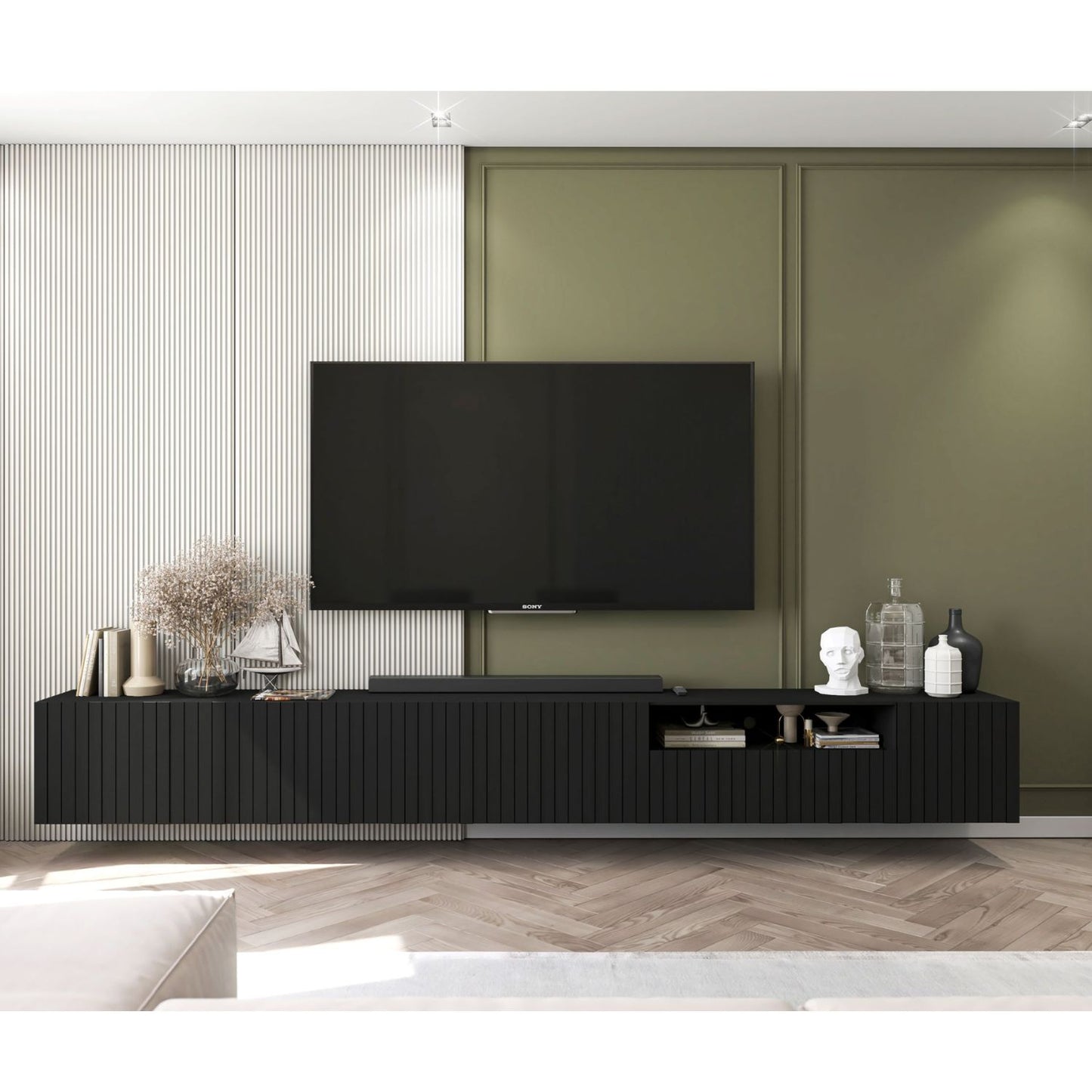 Elpis Glamour Wall-Mounted TV Cabinet with Storage Extra Long 4DK 300cm - White Matt