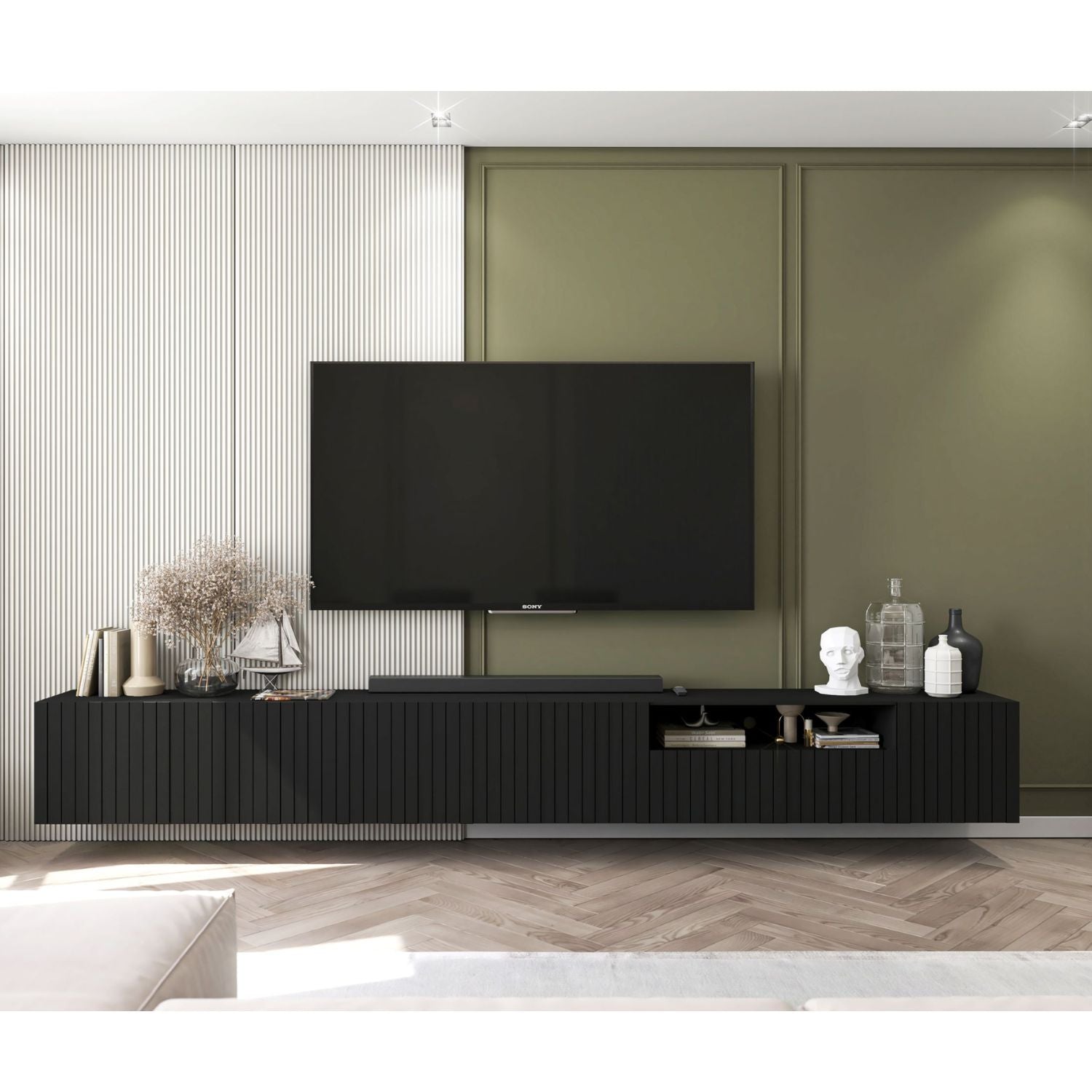 Elpis Glamour Wall-Mounted TV Cabinet with Storage Extra Long 4DK 300cm - White Matt
