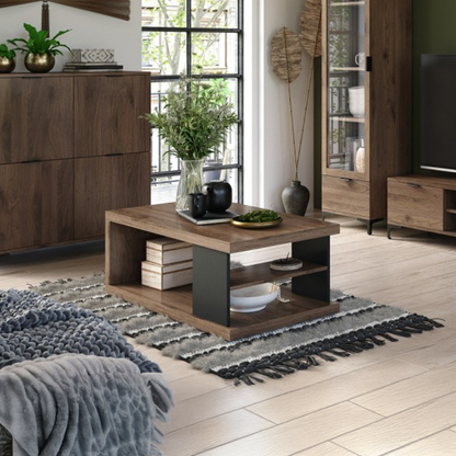 Lana Modern Coffee Table with Open Storage Shelves – Elegant Walnut