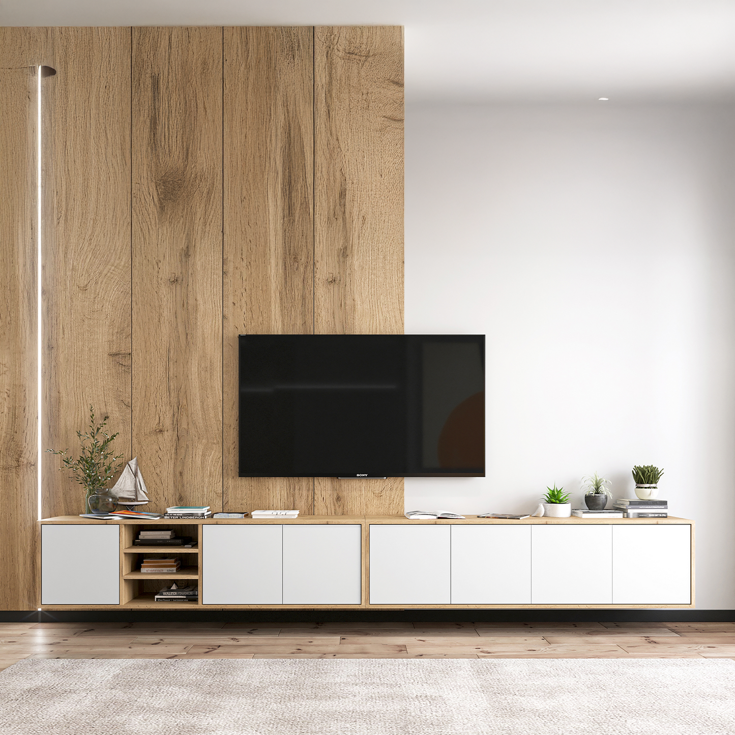 Apollo Modern Wall-Mounted Wide TV Unit with Open Shelving – White / Oak Wotan