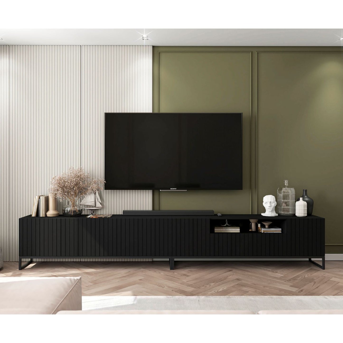 Elpis Glamour Standing TV Cabinet Media Unit with Storage Extra Long 4DK 300cm - Black Matt / Black Frame
