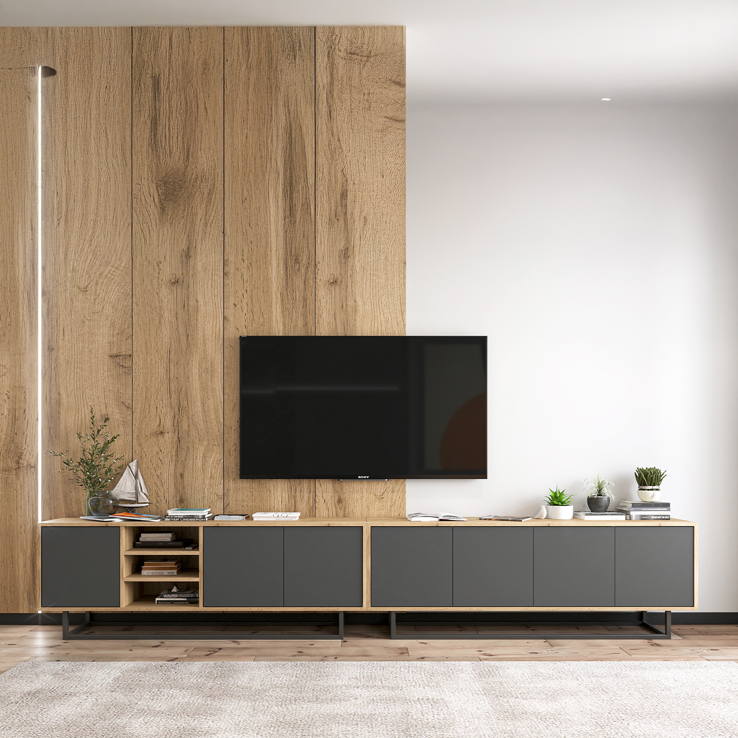 Apollo Modern Wall-Mounted Wide TV Unit with Open Shelving – Grey / Oak Wotan