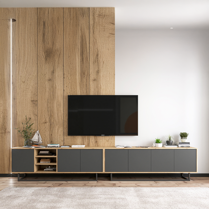 Apollo Modern Wall-Mounted Wide TV Unit with Open Shelving – Grey / Oak Wotan