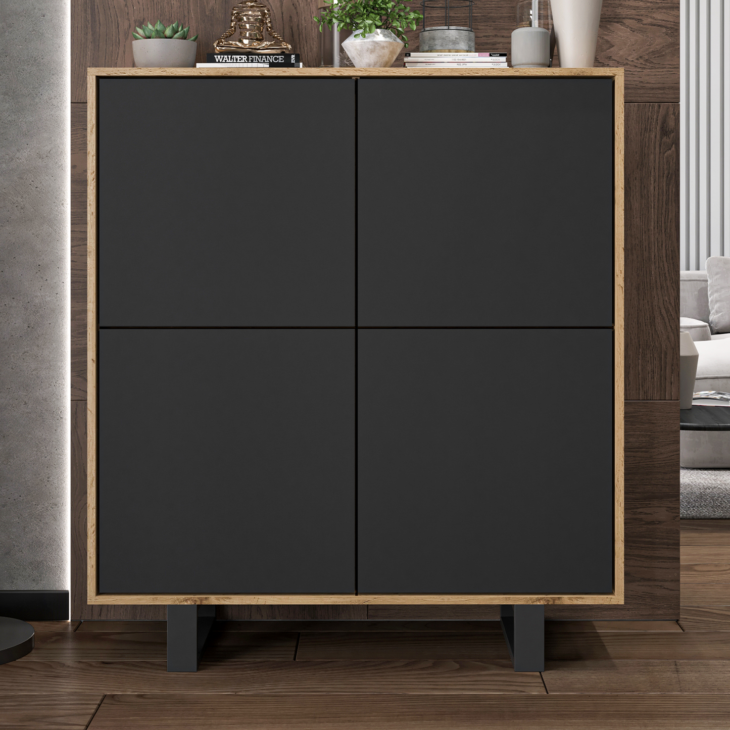 Apollo Modern Sideboard with 4-Door Design and Metal Legs – Black / Oak Wotan