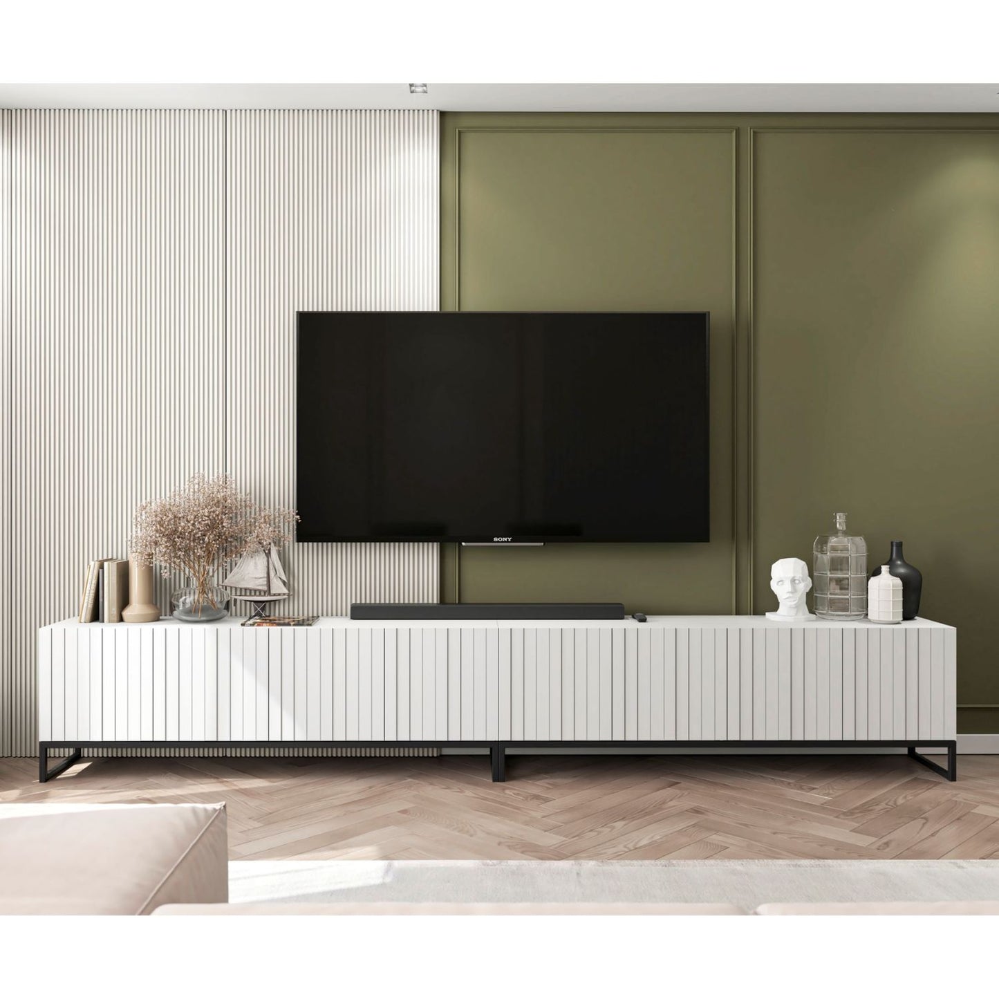 Elpis Glamour Standing TV Cabinet Media Unit with Storage Extra Long 8D 300cm - White Matt / Black Frame