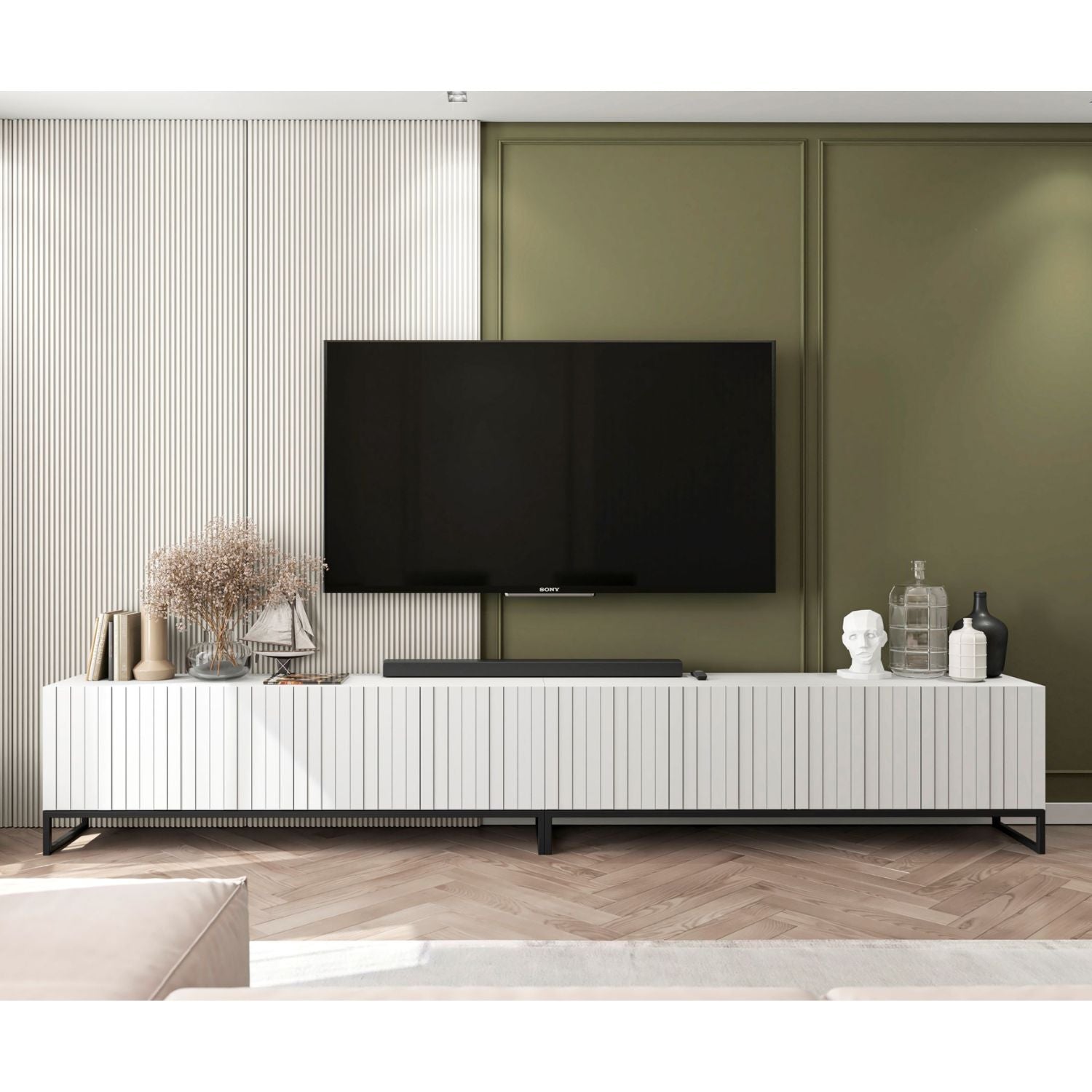 Elpis Glamour Standing TV Cabinet Media Unit with Storage Extra Long 8D 300cm - White Matt / Black Frame