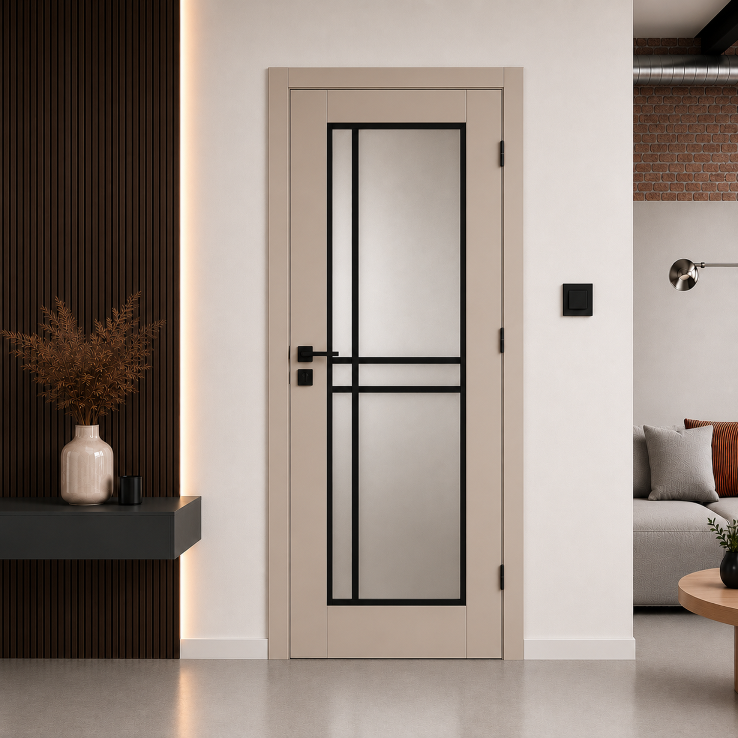 Piano 50 Frosted Glass Internal Rebated Door Set with Frame and Handle - Cashmere