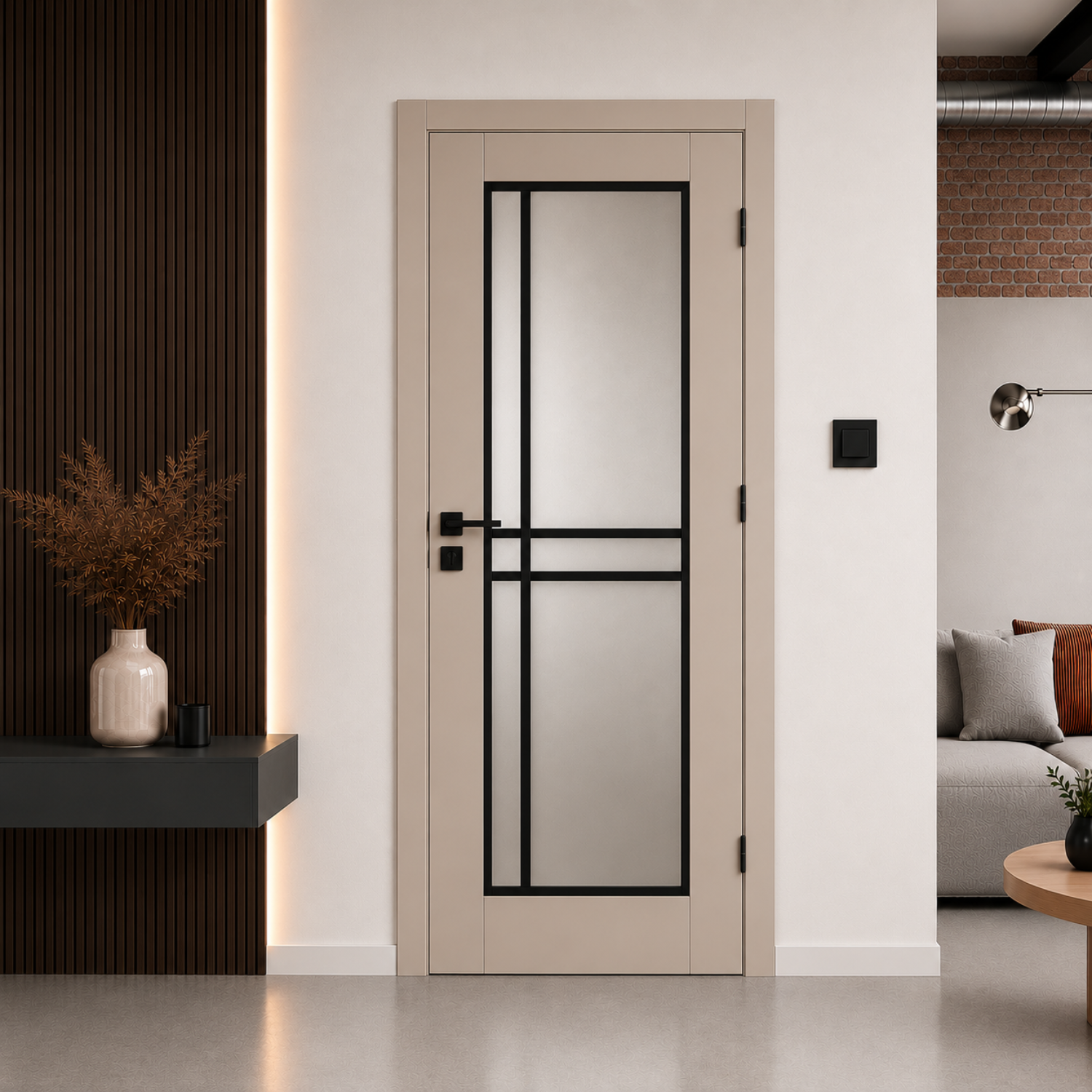 Piano 50 Frosted Glass Internal Rebated Door Set with Frame and Handle - Cashmere