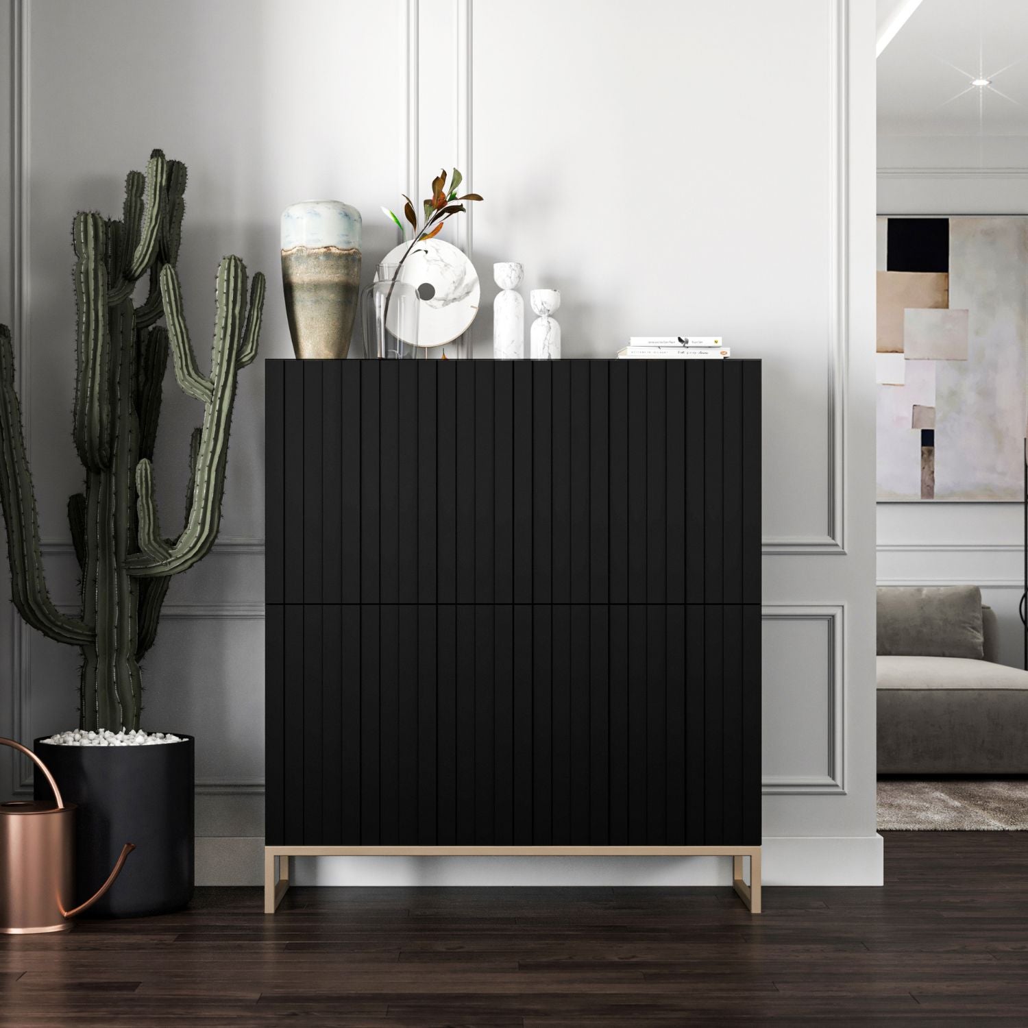 Elpis Glamour Sideboard Push-to-Open Cabinet - Black Matt / Golden Frame