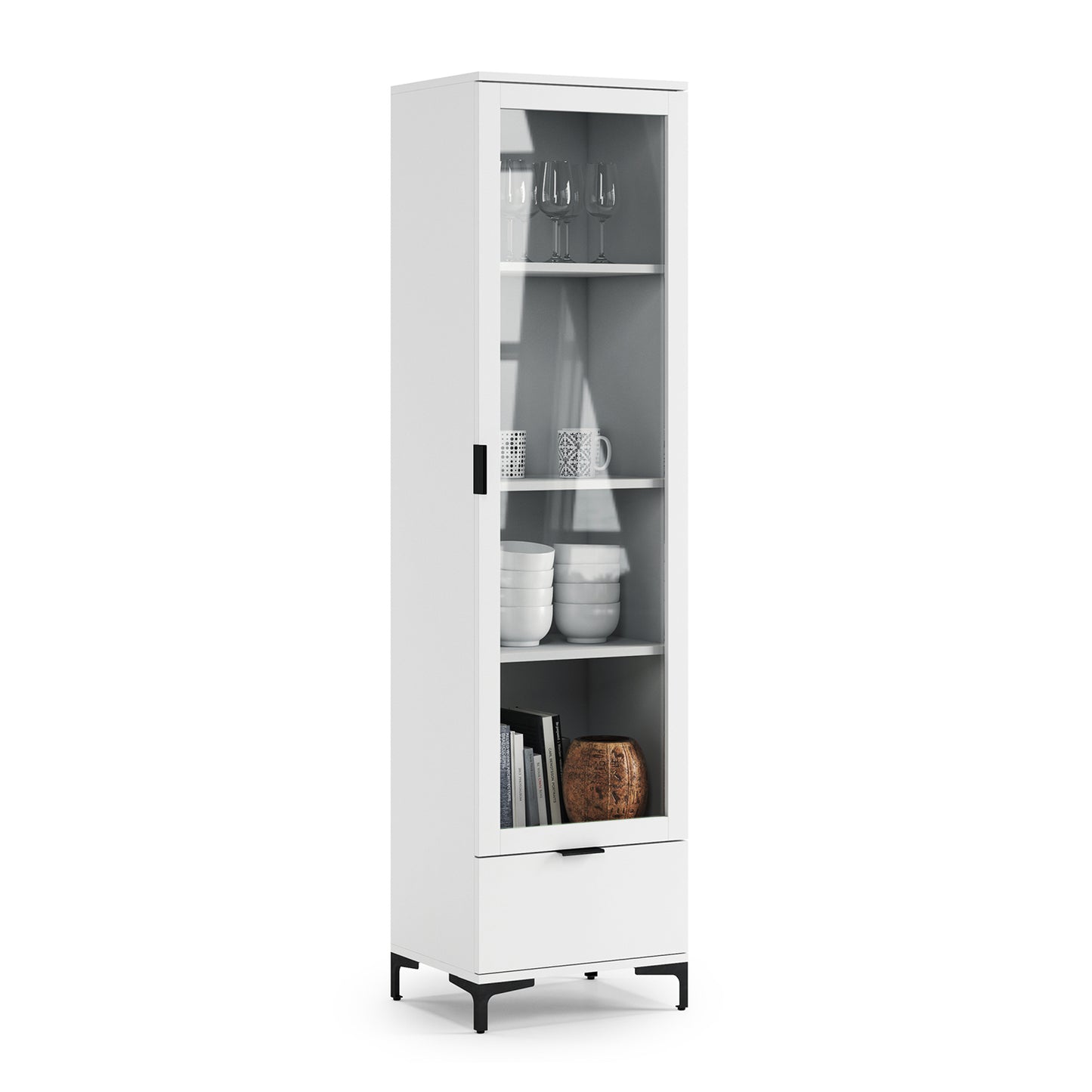 Lana Modern Display Cabinet with Glass Door and Drawer – White