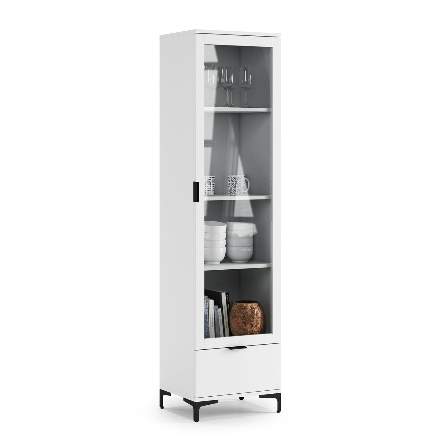 Lana Modern Display Cabinet with Glass Door and Drawer – White