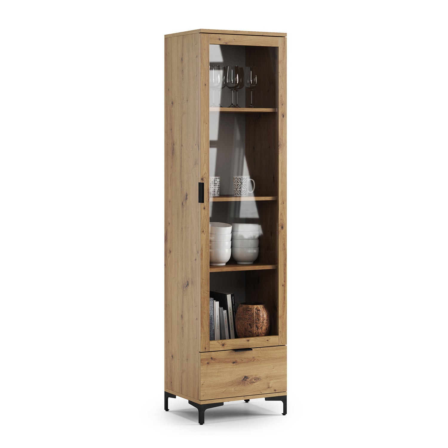 Lana Modern Display Cabinet with Glass Door and Drawer – Oak Artisan