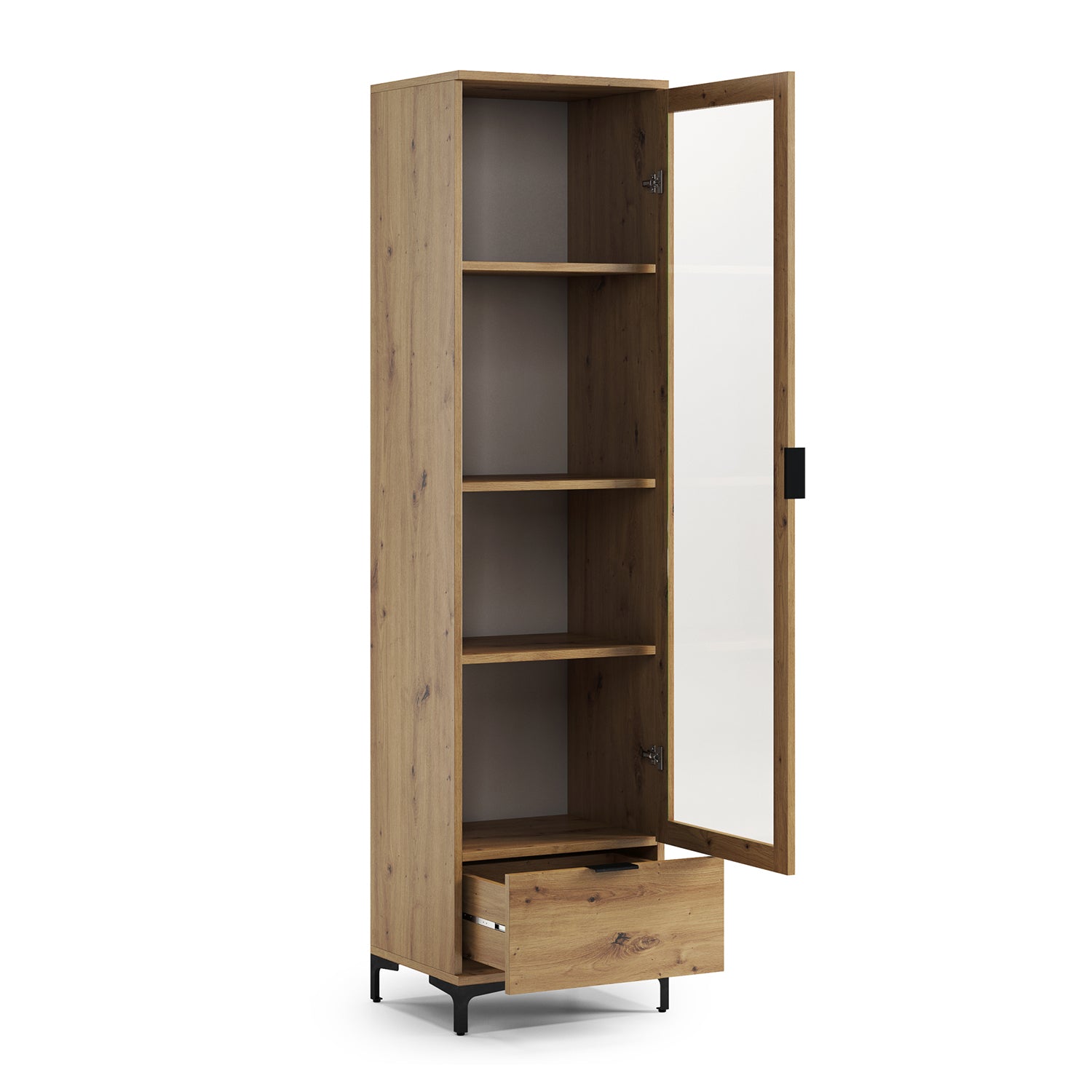 Lana Modern Display Cabinet with Glass Door and Drawer – Oak Artisan