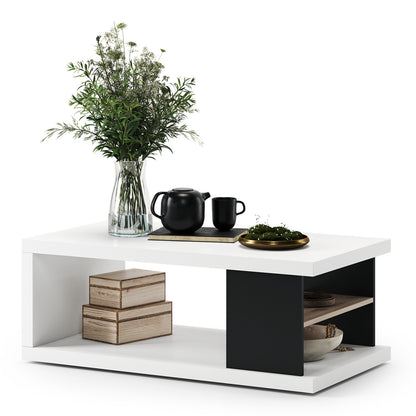 Lana Modern Coffee Table with Open Storage Shelves – White & Black