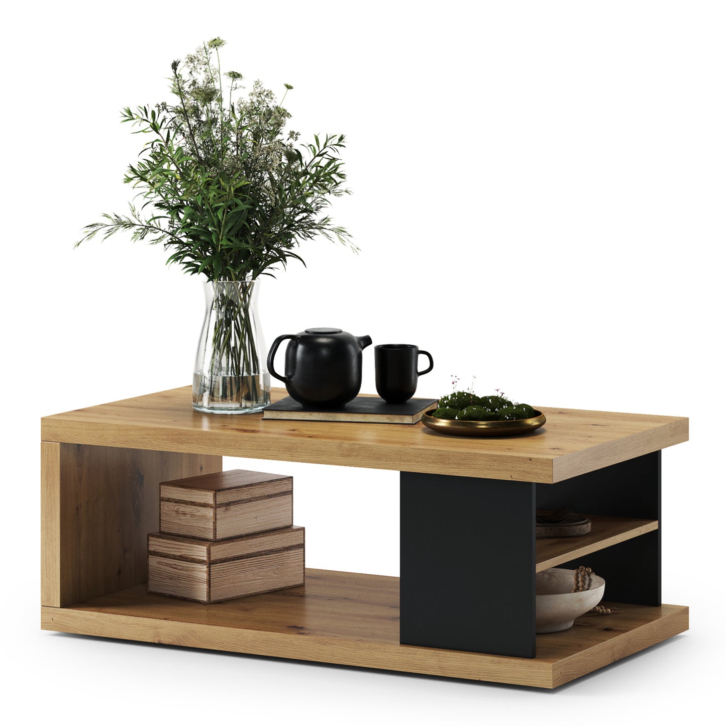 Lana Modern Coffee Table with Open Storage Shelves – Oak Artisan / Black