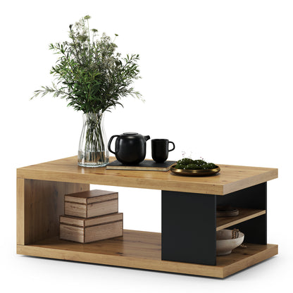 Lana Modern Coffee Table with Open Storage Shelves – Oak Artisan / Black