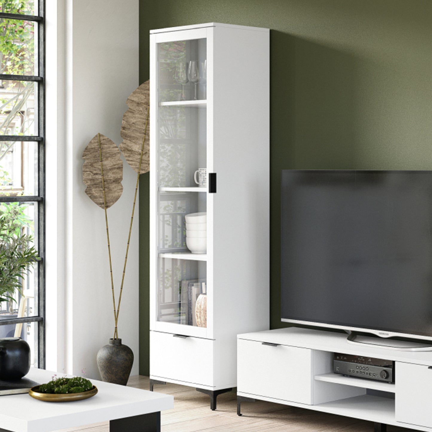 Lana Modern Display Cabinet with Glass Door and Drawer – White