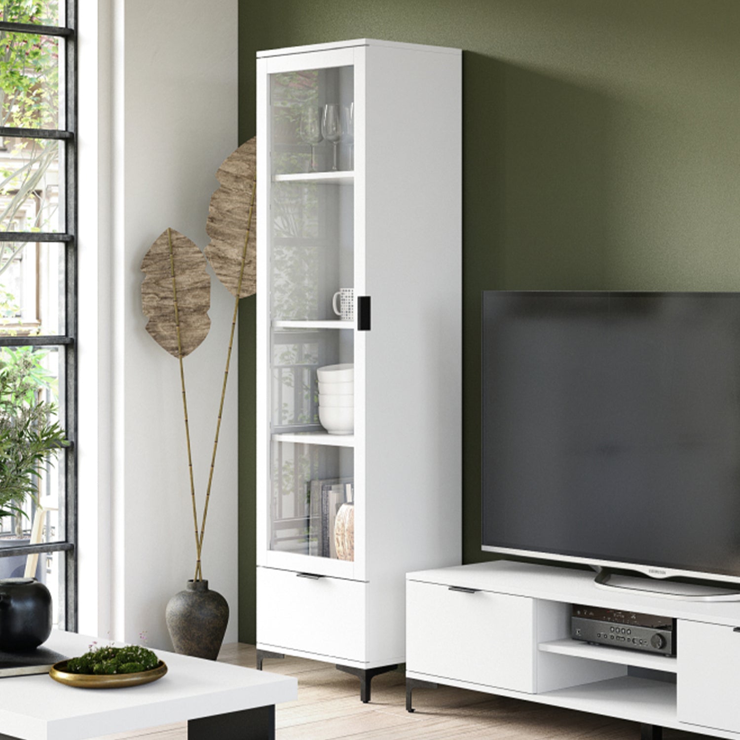 Lana Modern Display Cabinet with Glass Door and Drawer – White