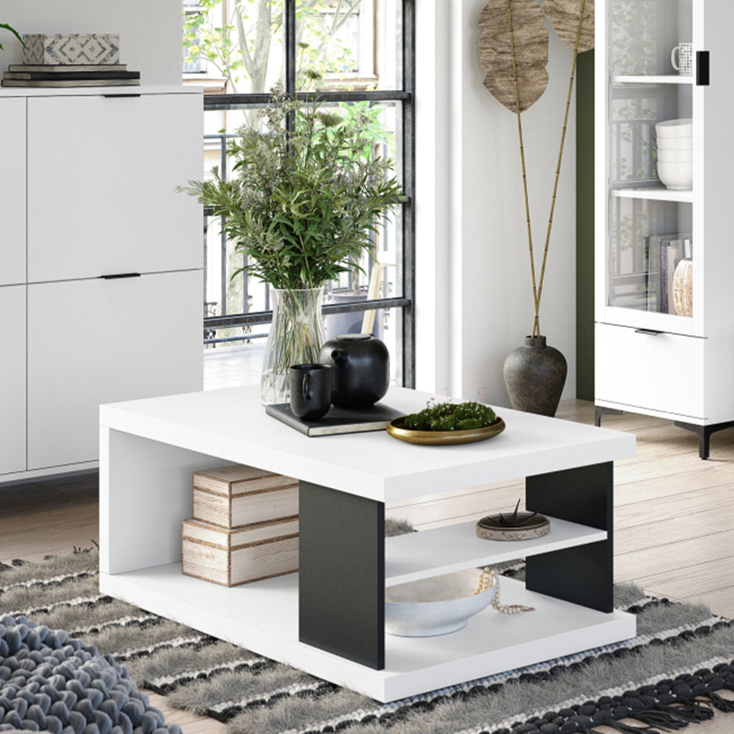 Lana Modern Coffee Table with Open Storage Shelves – White & Black