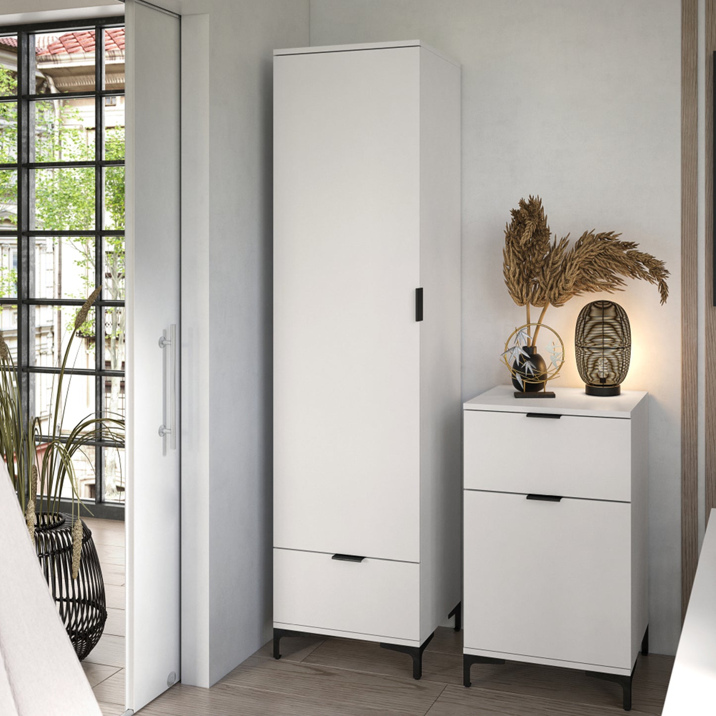 Lana Modern Tall Cabinet with Door and Drawer – White