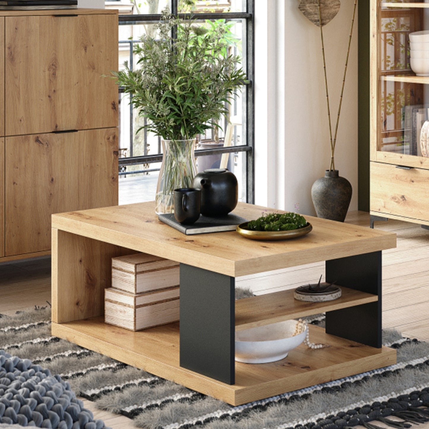 Lana Modern Coffee Table with Open Storage Shelves – Oak Artisan / Black