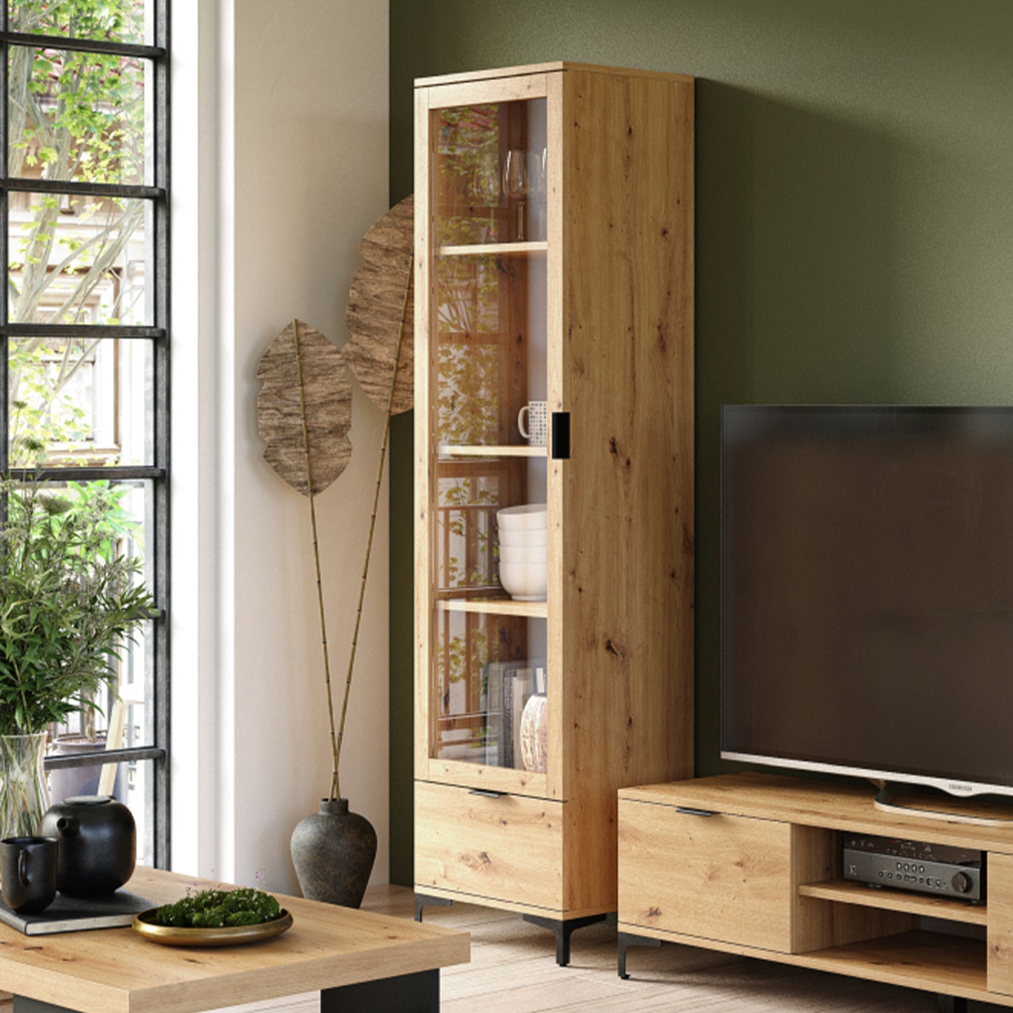 Lana Modern Display Cabinet with Glass Door and Drawer – Oak Artisan