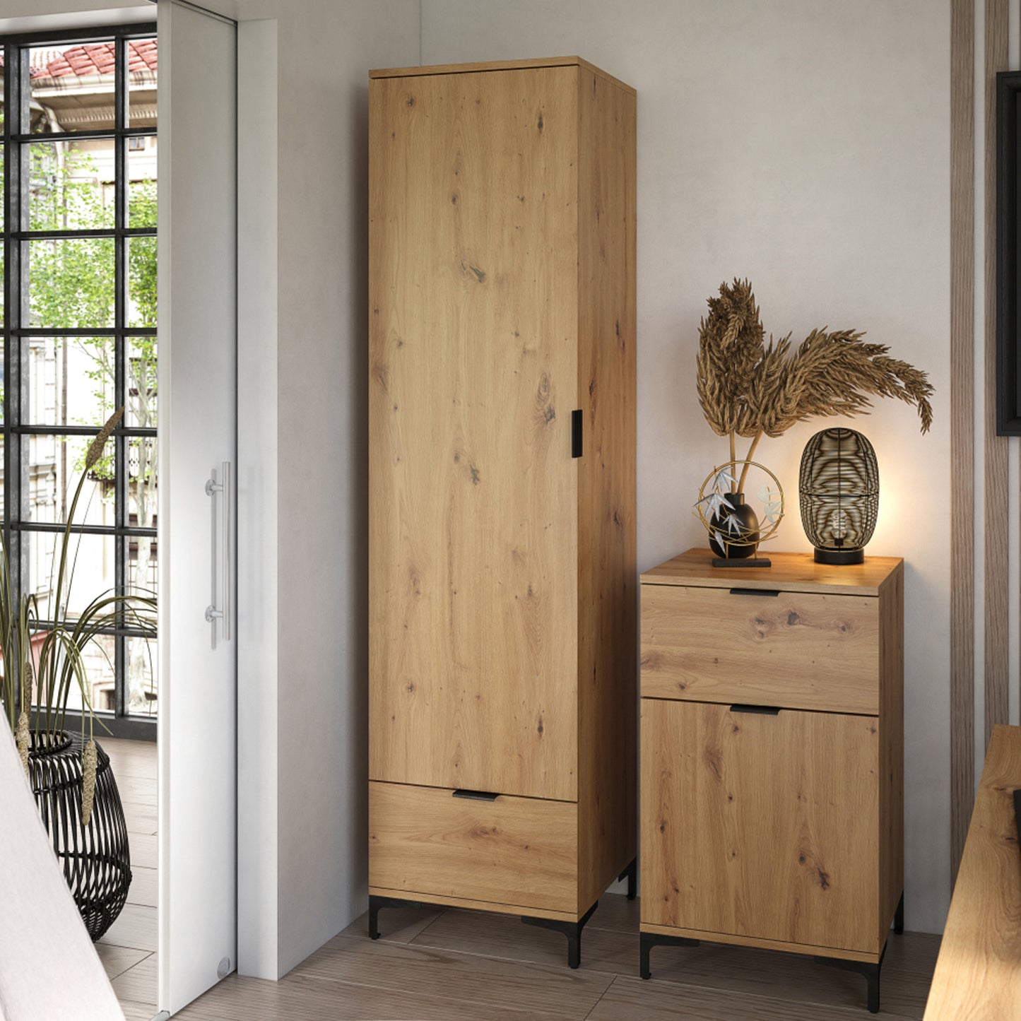 Lana Modern Tall Cabinet with Door and Drawer – Oak Artisan