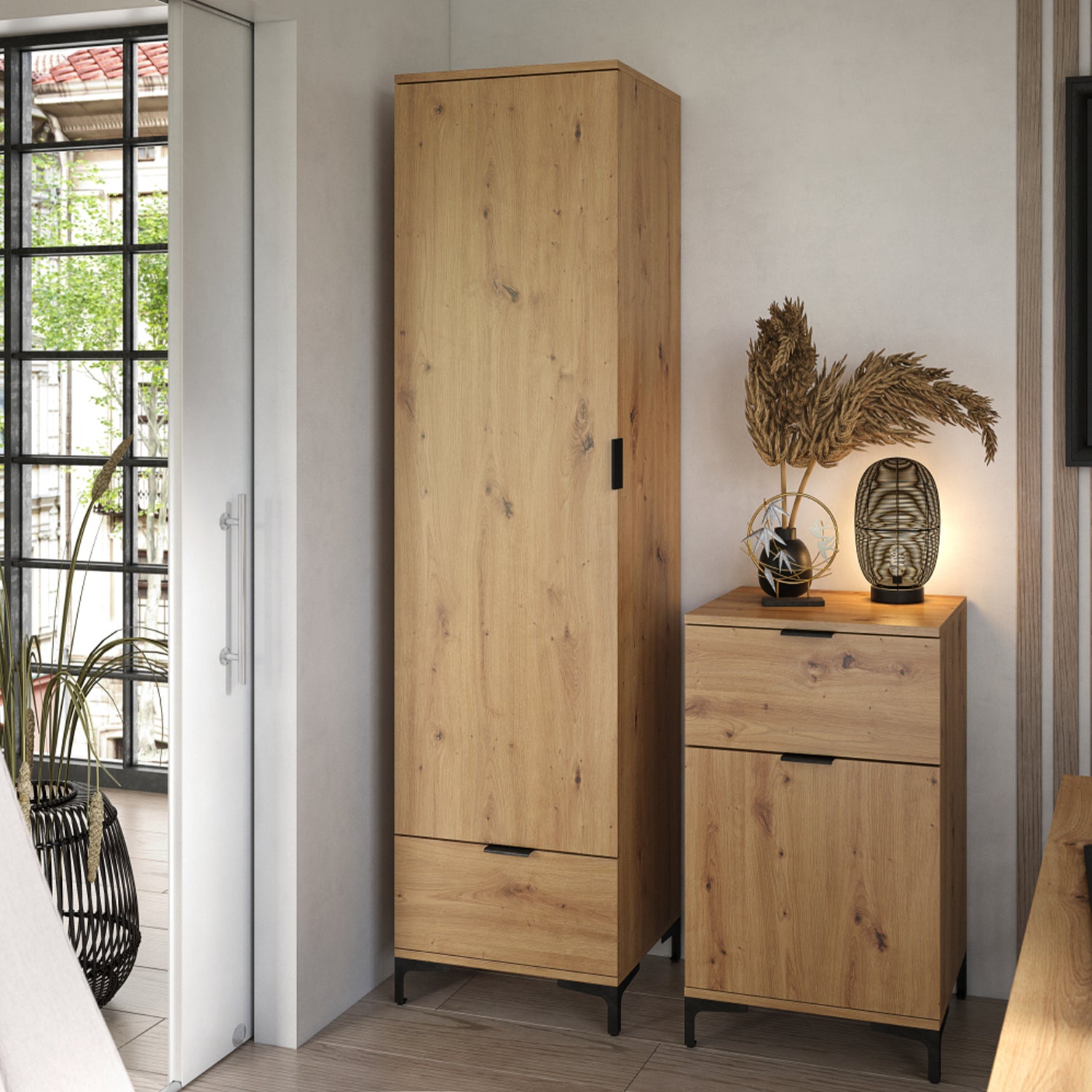 Lana Modern Tall Cabinet with Door and Drawer – Oak Artisan