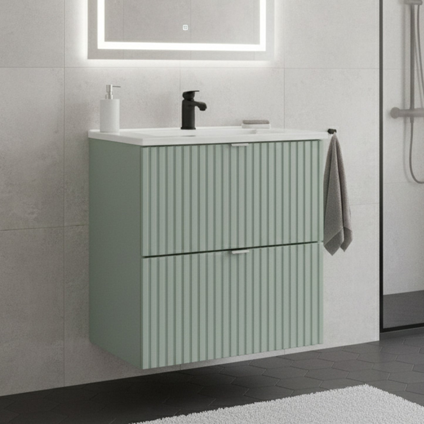 Line Reed 2 Drawer Bathroom Cabinet Vanity Unit 50cm with Built In Basin - Sage
