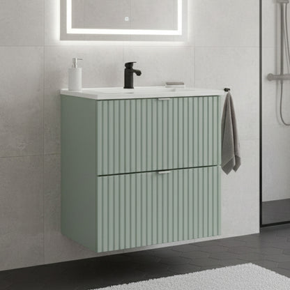 Line Reed 2 Drawer Bathroom Cabinet Vanity Unit 50cm with Built In Basin - Sage