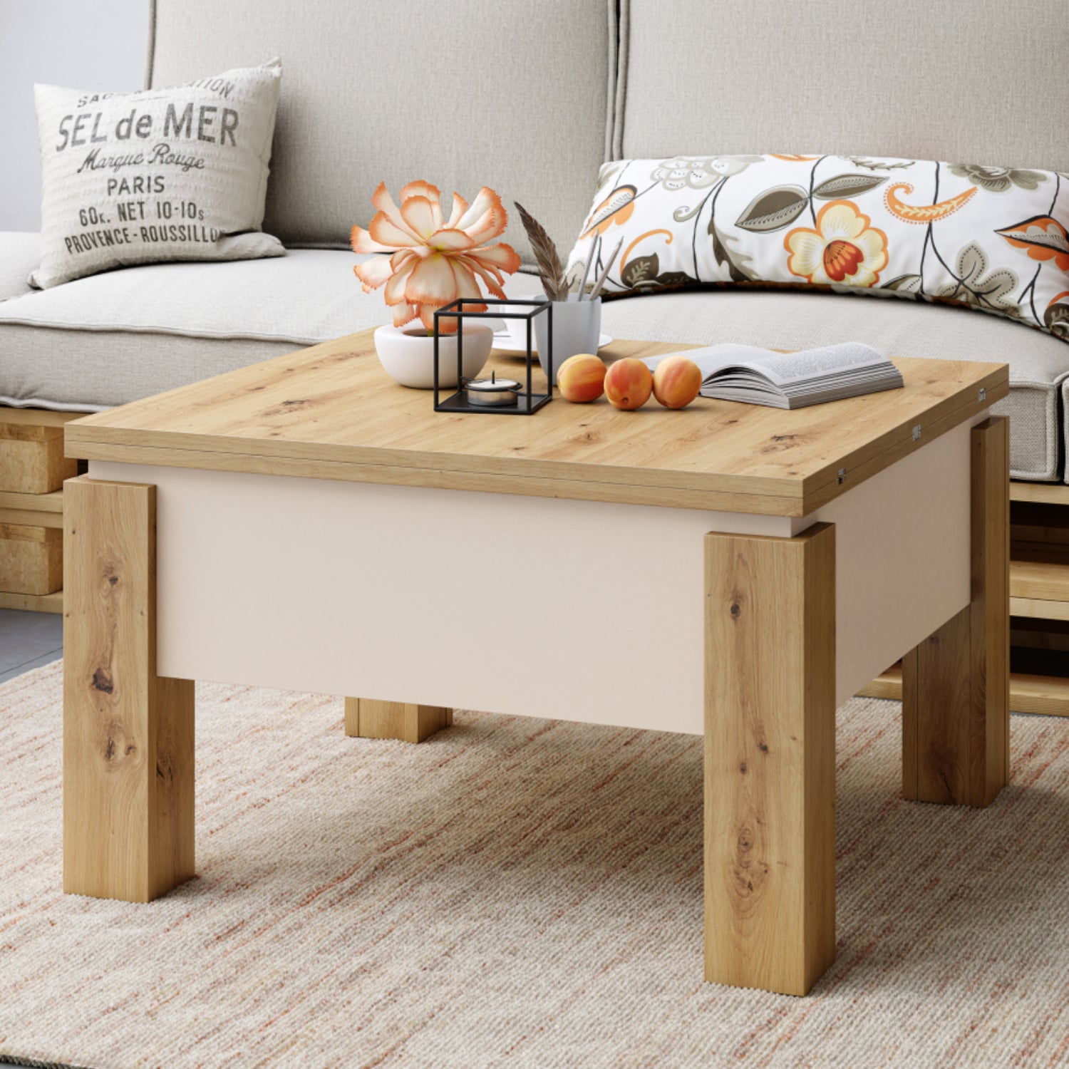 Ozma 2 in 1 Extending Coffee / Dining Table 80-160cm - Artisan Oak / Cashmere