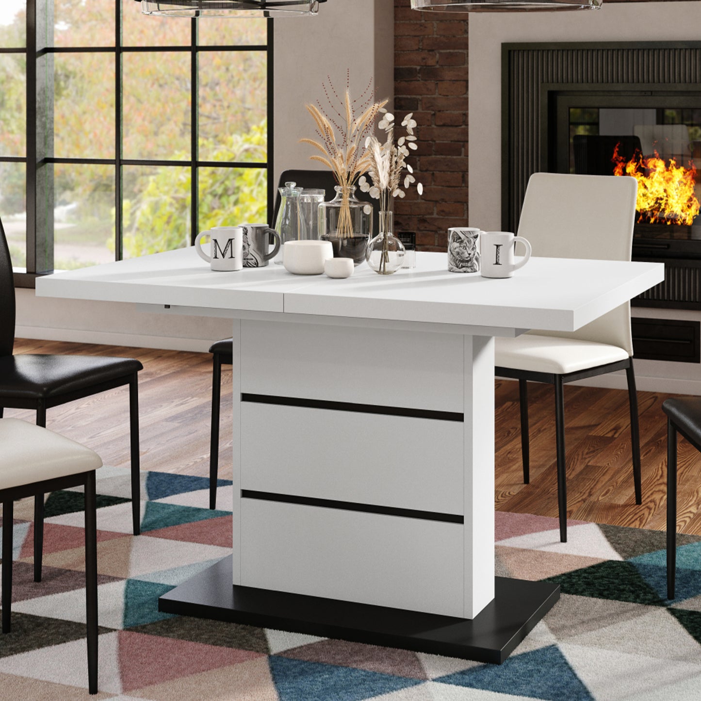 Piano Extendable Dining Table Modern Design - White / Black