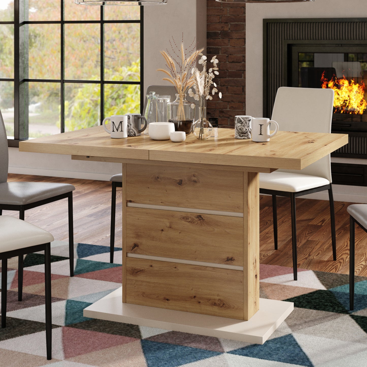 Piano Extendable Dining Table Modern Design - Artisan Oak / Beige