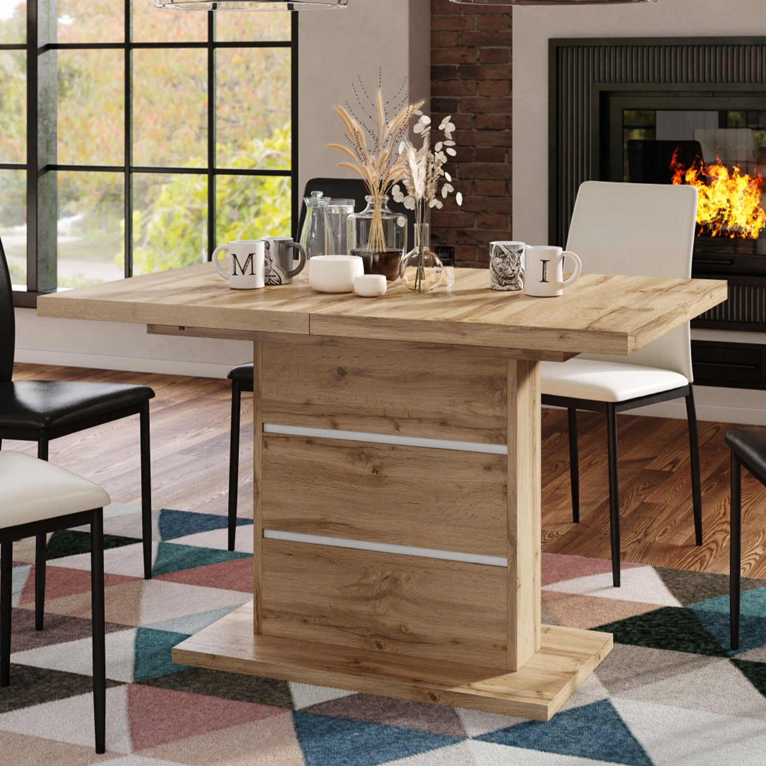 Piano Extendable Dining Table Modern Design - Wotan Oak / White