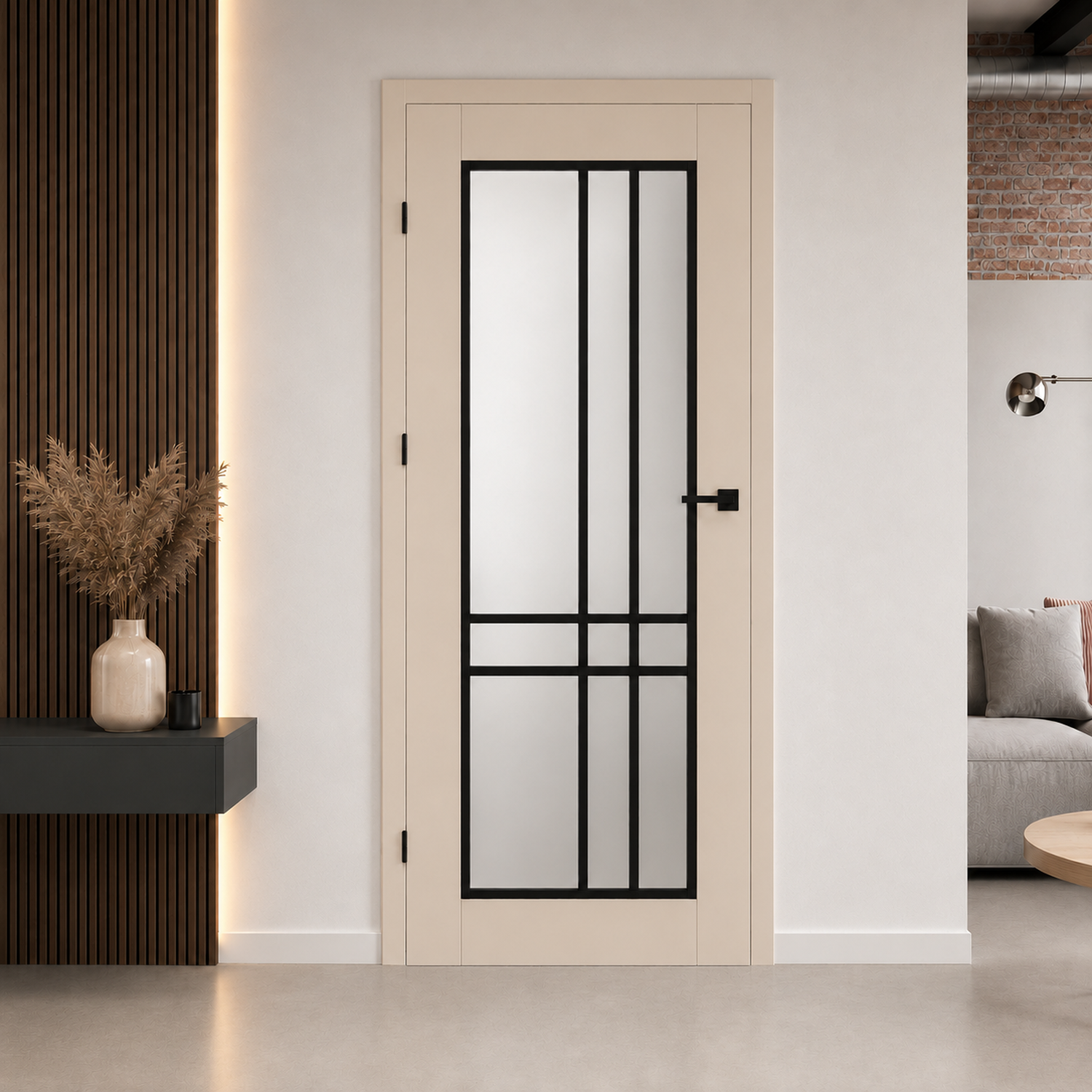 Piano Frosted Glass Internal Rebated Door Set with Frame and Handle - Cashmere