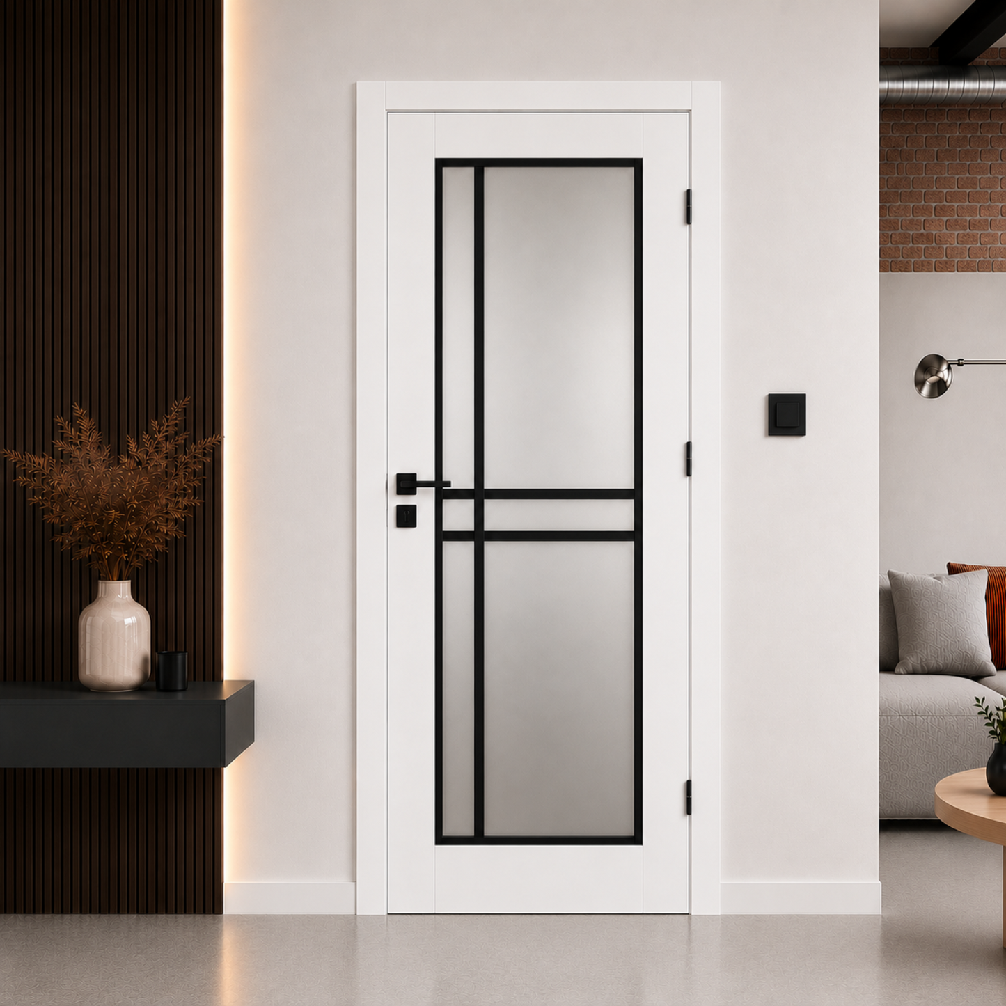 Piano 50 Frosted Glass Internal Rebated Door Set with Frame and Handle - White Matt