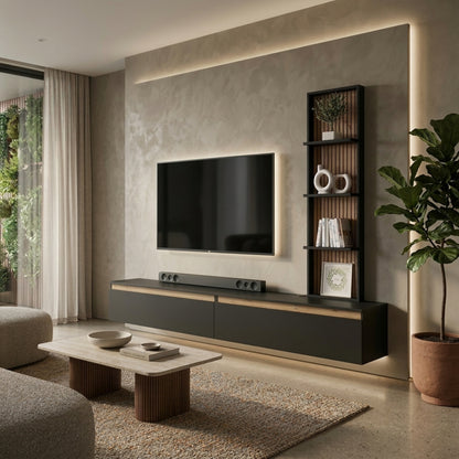 Raven Oak Slat Detail Large Modern TV Media Unit 230cm with Wall Shelf - Black / Artisan Oak