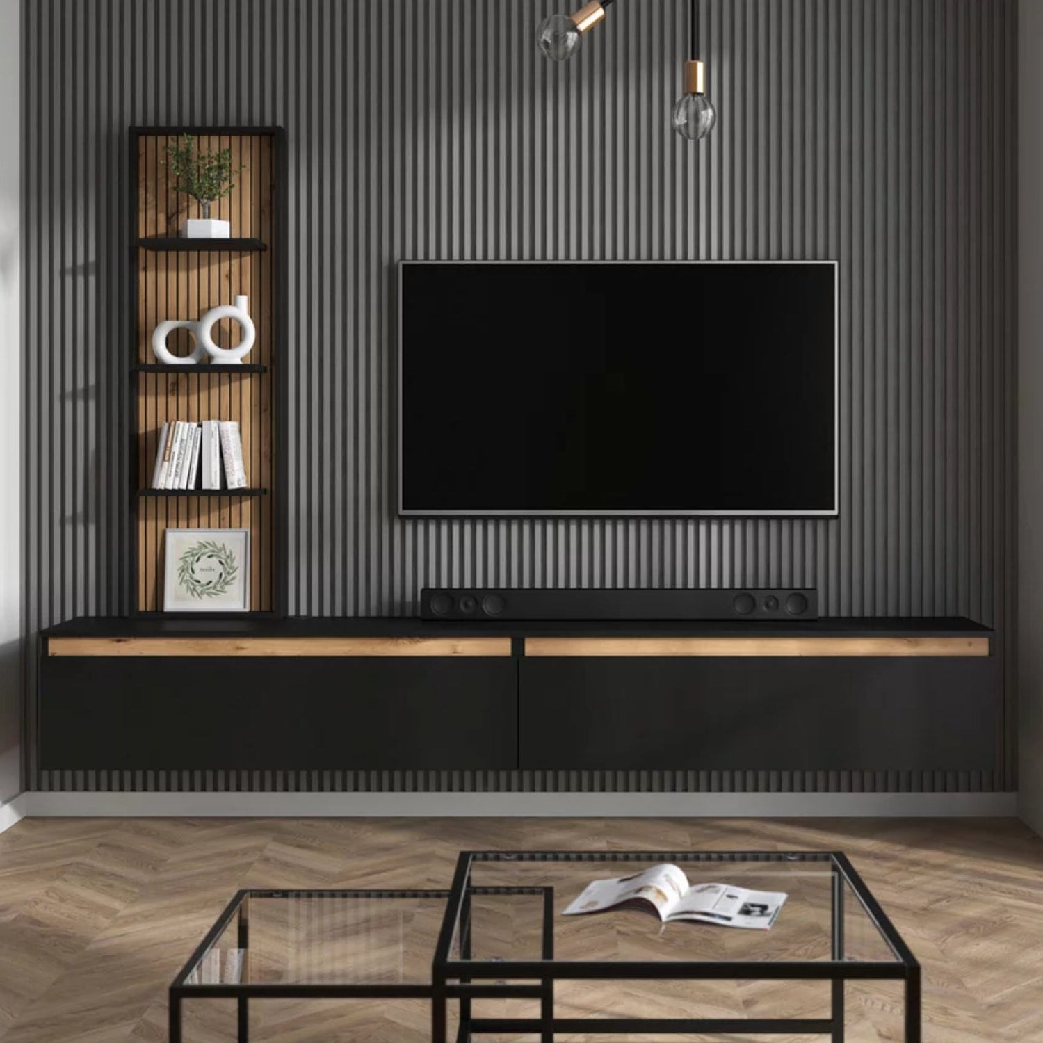 Raven Oak Slat Detail Large Modern TV Media Unit 230cm with Wall Shelf - Black / Artisan Oak