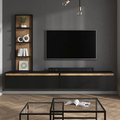 Raven Oak Slat Detail Large Modern TV Media Unit 230cm with Wall Shelf - Black / Artisan Oak