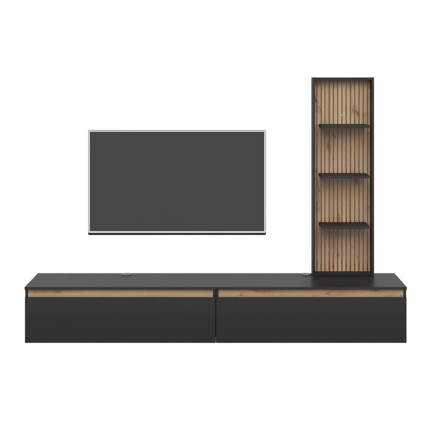 Raven Oak Slat Detail Large Modern TV Media Unit 230cm with Wall Shelf - Black / Artisan Oak