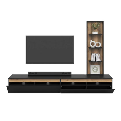 Raven Oak Slat Detail Large Modern TV Media Unit 230cm with Wall Shelf - Black / Artisan Oak