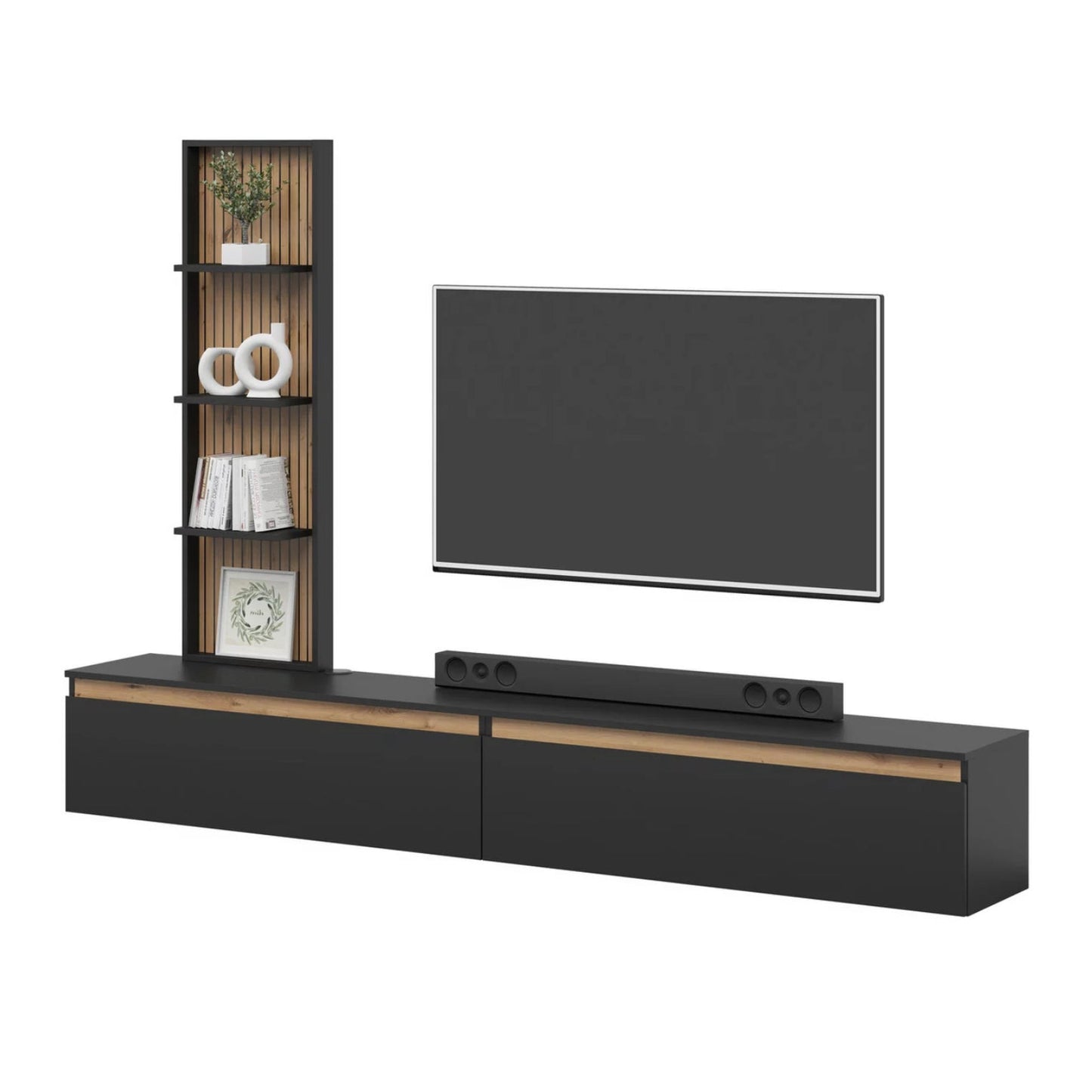Raven Oak Slat Detail Large Modern TV Media Unit 230cm with Wall Shelf - Black / Artisan Oak