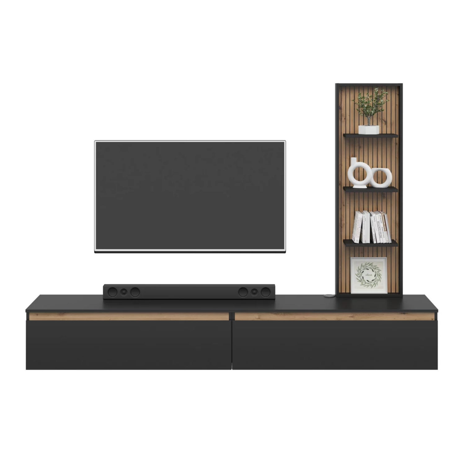 Raven Oak Slat Detail Large Modern TV Media Unit 230cm with Wall Shelf - Black / Artisan Oak