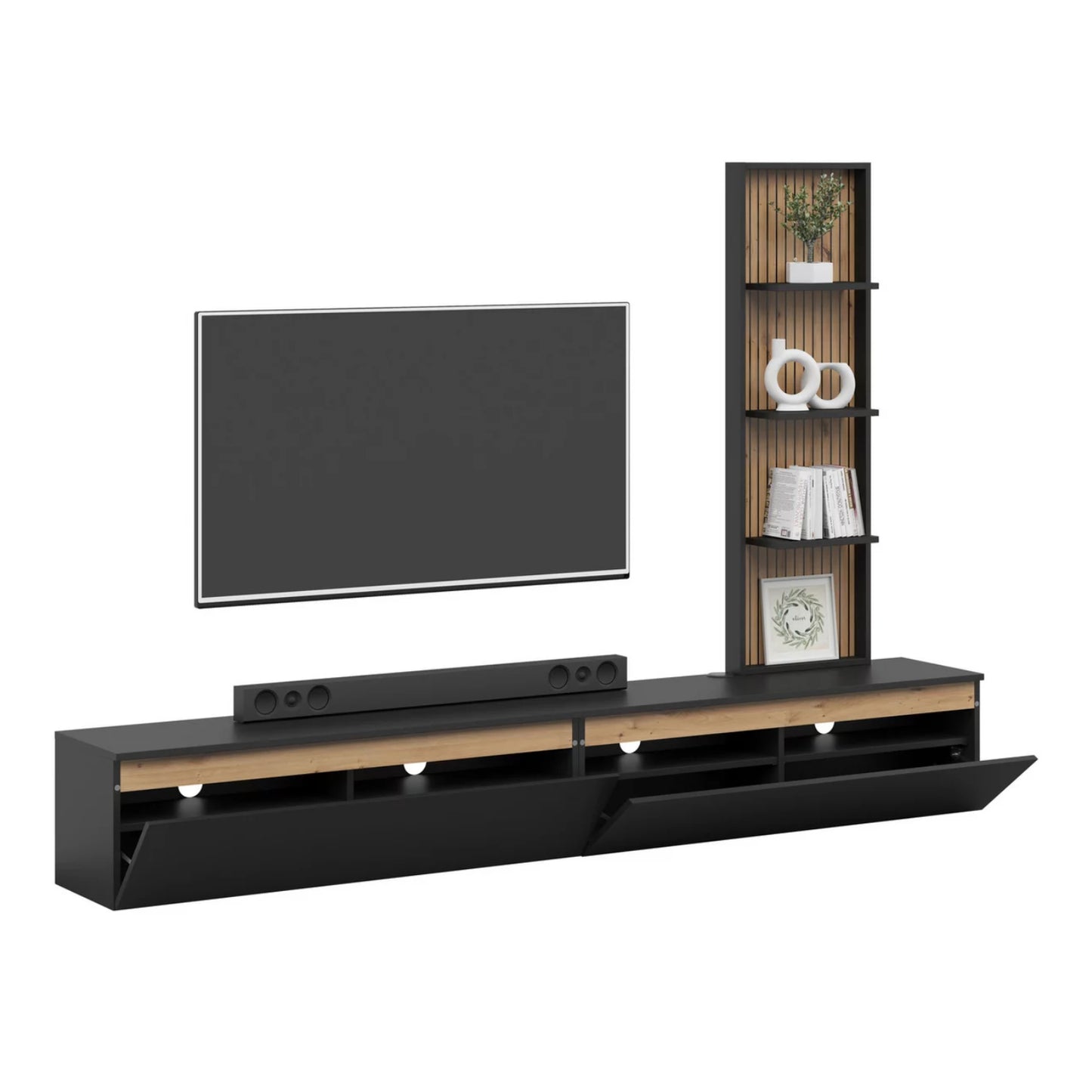 Raven Oak Slat Detail Large Modern TV Media Unit 230cm with Wall Shelf - Black / Artisan Oak