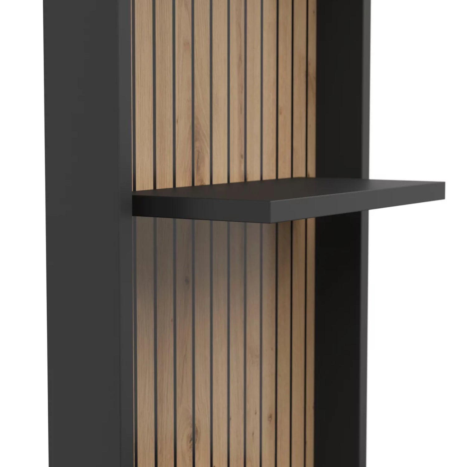 Raven Oak Slat Detail Large Modern TV Media Unit 230cm with Wall Shelf - Black / Artisan Oak