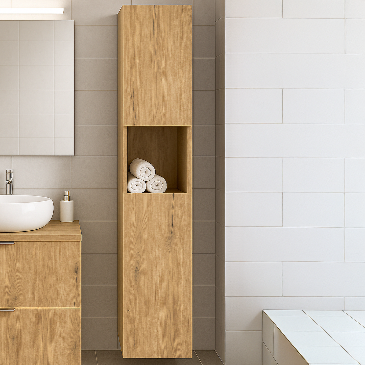 Dove 2 Door Tall Bathroom Cabinet - Evoke Oak