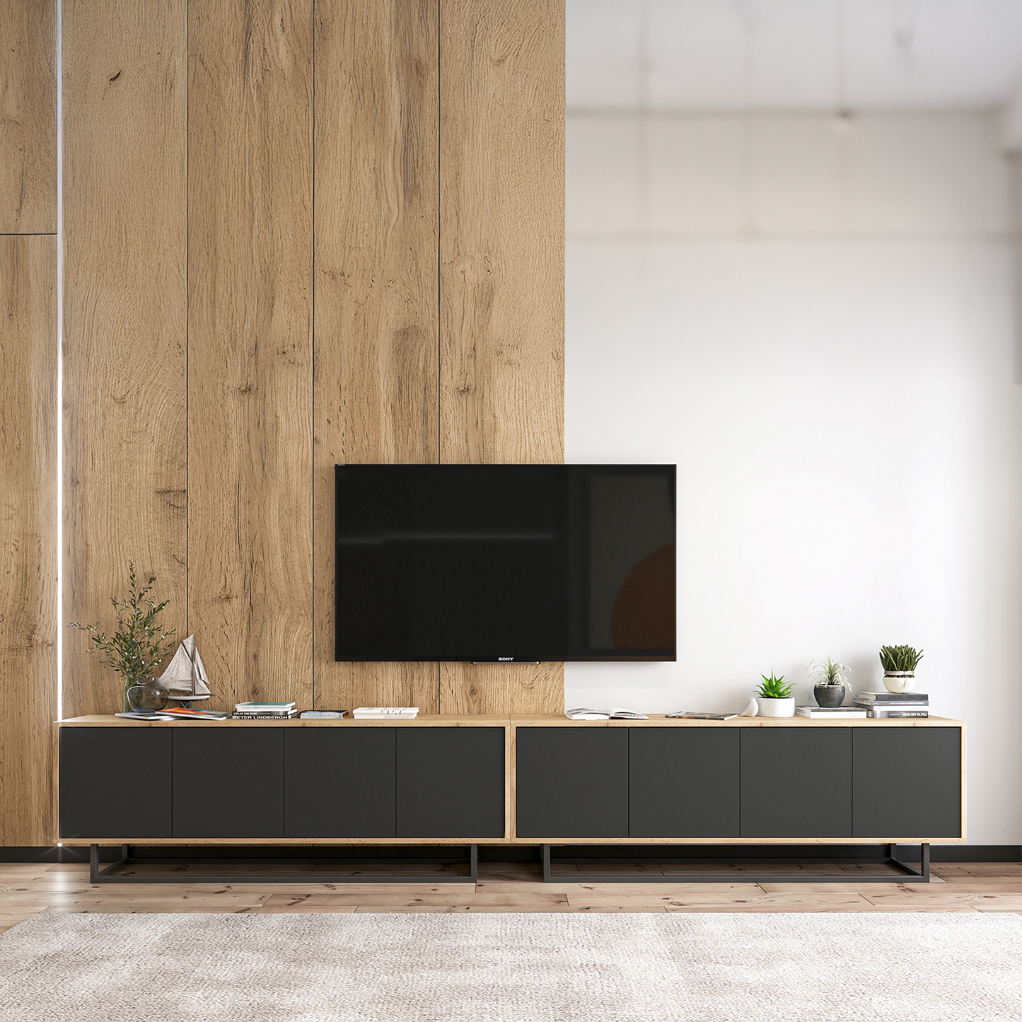 Apollo Modern TV Unit with Metal Base – Black / Oak Wotan